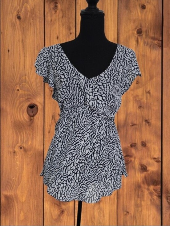 Cato Tops - #6145 Cato Women's Black & White Printed Flutter Sleeve Top